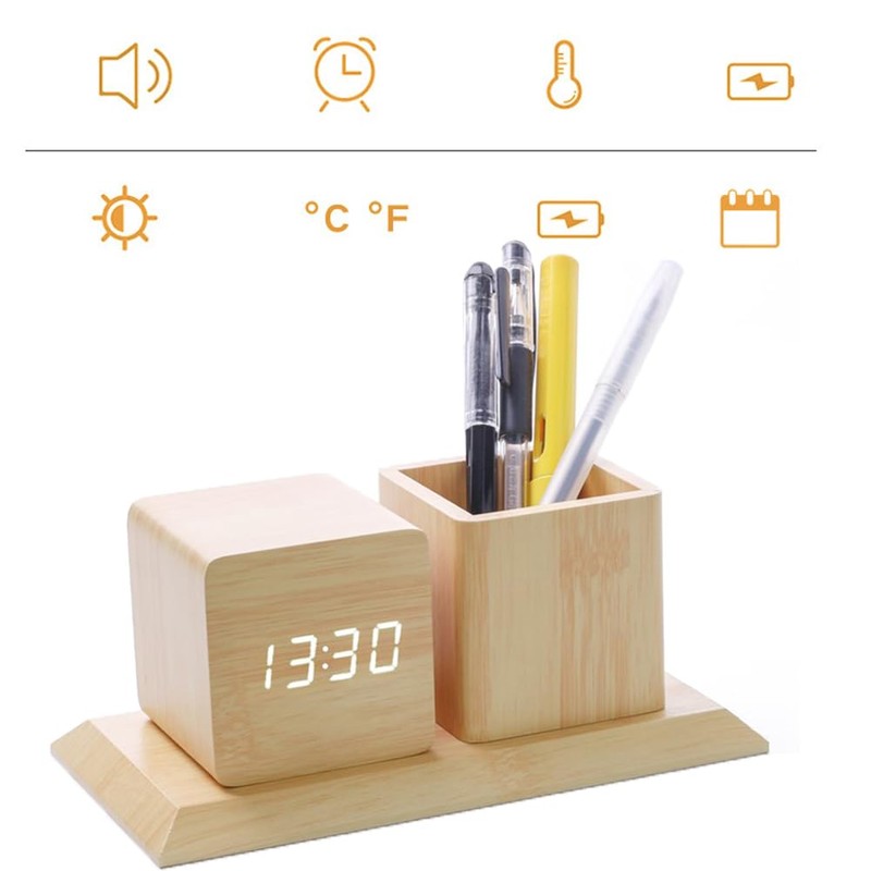 ThreeH Wooden Digital Alarm Clock, Pen Holder, LED Time Display,