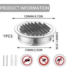 Round ventilation grille, 80 mm, stainless steel, round ventilation grille, with 2 screws and 2 fillers, ventilation grille 80 mm, ventilation grille, exhaust air outlet hood, exhaust air grille for