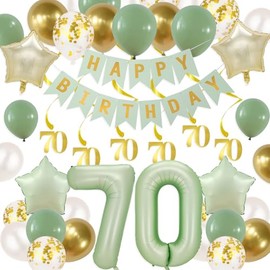 Gidobo 70th Birthday Decorations for Her, Sage Green Birthday Decorations, Happy Birthday Banner with 70th Hanging Swirls, Confetti Latex Balloons Number Foil Balloons for Party Backdrop Supplies