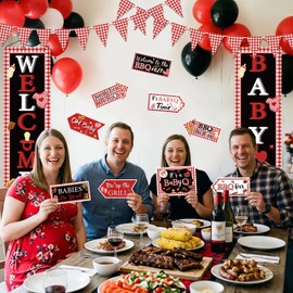13pcs BBQ Baby Shower Decorations Baby Q Banner Welcome Baby Door Banner Porch Sign Rustic BBQ Party Signs Summer Picnic Barbecue Party Decorations Supplies for Gender Reveal