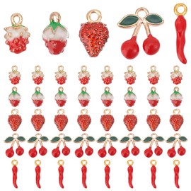 PH PandaHall 50pcs Red Enamel Charms 5 Styles Fruit Charms 3D Strawberry Cherry Pendants Italian Horn Cornicello Charms Jewelry Pendant Alloy Dangle Charms for Earring Necklace Bracelet Making