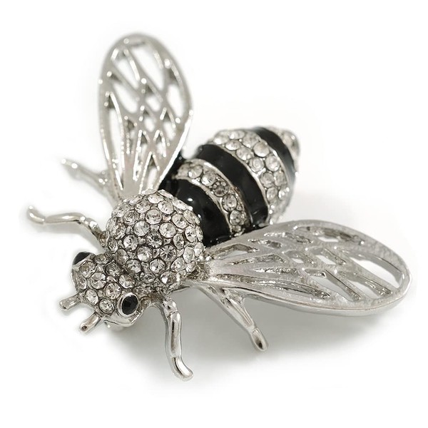 Clear Crystal Black Enamel Bee Brooch in Silver Tone -
