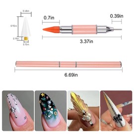 JERCLITY 2 Pieces Pink Double-Ended Rhinestone Pick-Up Manicure Tools, 10pcs Replaceable Self-Adhesive Wax Tips, Dotting Pen Tools for Women Nail Art