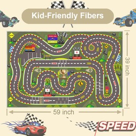 Pyrrhite Kids Rug, Race Track Playmat Rugs 59×39 in Kids Carpet with Rubber Backing, Start and Finish line Racing Track Marking Car Road Race 3D Play Mat Nursery Rugs for Children Bedroom Playroom