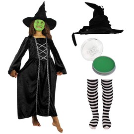 WICKED WITCH OF THE WEST COSTUME FOR GIRLS. WICKED WITCH DRESS + WITCH HAT + WITCH TIGHTS + GREEN FACEPAINT. KIDS WITCH COSTUME FOR WORLD BOOK DAY/BOOK WEEK. SIZE: MEDIUM