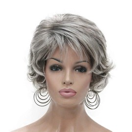 Lydell Short Wavy Curly Layered Synthenic Wigs with Hair Bangs for Women Girls Light Gray