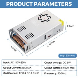 HPMN 24V 25A 600W Power Supply AC/DC Adapter Universal Regulated Switching AC 110-220V to DC 24 Volt 25 Amp Converter Transformer LED Driver for LED Strip Light CCTV Camera