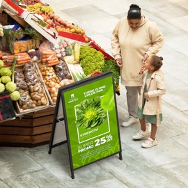 A Frame Sidewalk Sign 24x36 inches Sandwich Board - Outdoor Heavy Duty Coated Steel Metal Double-Sided Display Stand - Slide-in Folding Frame Sign Holder for Poster, Businesses, Advertising