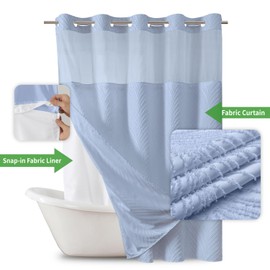 eachope eachope no Hook Shower Curtain and Liner SetBoho Style with See Through Top Window, Blue Fabric Tufted Striped Textured Outer Curtain & Waterproof Inner Liner, FrostBlue, 71Wx98H