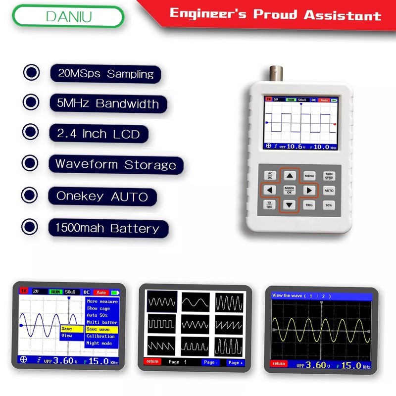 Digital Oscilloscope Handheld Oscilloscope Mini Size Oscilloscope with 5M Bandwidth