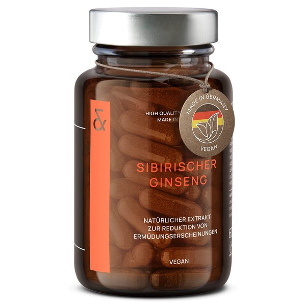Siberian Ginseng - 900 mg Taiga Root Powder per Daily Dose - Eleuthero Eleutherococcus - Adaptogen - Exhaustion, Fatiga, Concentration - 60 Ginseng Capsules Vegan