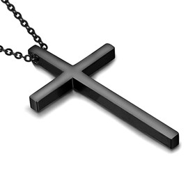 Simple Stainless Steel Cross Pendant Necklace for Men Women (Black tone -22inches chain)