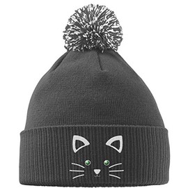 Hippowarehouse Cute Kitty Cat Face Embroidered Beanie Hat with Bobble Grey