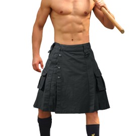 TRGPSG Men's Pleated Utility Kilt - Camo Scottish Tactical 23" Irish Highland Hybrid Kilt With Multi Pockets - Black 32
