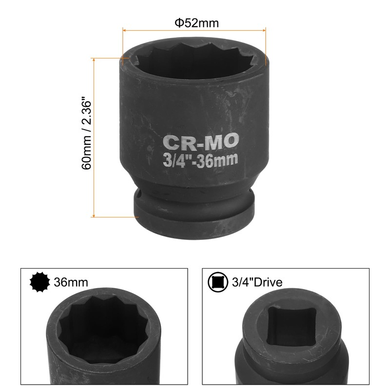 sourcing map 3/4-Inch Drive 12 Point Impact Socket 36mm Metric