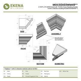 2 1/16"P x 3"H WM49 Americraft Solid Hardwood Stain Grade TrimPro Crown Moulding Outside Corner, White Oak (Matches Moulding MLDW01X04WM49WO)