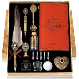 MPRINCE Feather Pen Ink Set,Includes Quill Pen,Notebook,Ink,5 Replaceable Nibs,Pen Holder,Cup,Seal Stamp,Spoon,Wax Bead,White Wax,Envelope & Letter Paper Etc-Grey