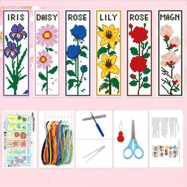 Zhenqing 6-Pack Floral Cross Stitch Bookmark Kit – 11CT 11x18.5in Aida Cloth, 6x20cm Pre-Printed Designs, Thread, Tools & Guide – DIY Botanical Bookmarks for Crafters (69595)