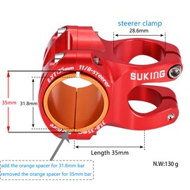 CYSKY MTB Stem 35mm Handlebar Clamp with Spacer for 31.8 mm Bar Clamp, Length 35mm 50mm Short Bike Stem Handlebar Stem Riser for All Mountain, MTB, Downhill (Red, Length 35mm)