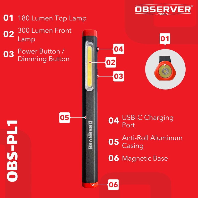 Observer Tools 300 Lumen Rechargeable Penlight: Magnetic Base, Integrated Clip,
