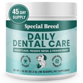Dog Teeth Cleaning Powder – Natural Dog Dental Powder for Tartar Control, Fresh Breath & Gum Health – Daily Plaque Remover with Zeolite, Brown Algae, Probiotics & Rosemary – 90 Scoops