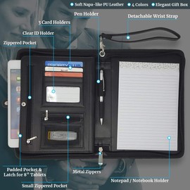 Mini Zippered Leather Business Portfolio Padfolio - Professional Black PU Leather Portfolio Binder & Organizer Folder with 8 Inch Tablet Sleeve by Lautus Designs