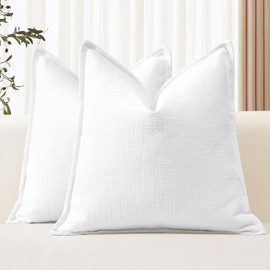 Artscope Pack of 2 White Decorative Cushion Covers 22x22 Inch Soft Linen Texture Couch Throw Pillows Farmhouse Pillow Covers with Elegant Design for Sofa Bedroom Living Room Home Decor 55 x 55 CM