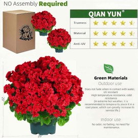 QIANYUN Artificial Topiary for Outdoors- 20” Potted Plant Fake Geraniums Bush-UV Resistant Artificial Outdoor Plant for Front Porch, Garden, Yard, Patio Decor (Red)