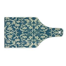 Ambesonne Chinese Cutting Board, Far Eastern Scroll Pattern with Floral Curls Oriental Flourish, Decorative Tempered Glass Cutting and Serving Board, Wine Bottle Shape, Petrol Blue and Cream