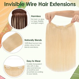 Benehair #60 Platinum Blonde Clip in Hair Extension on Wire 100% Remy Real Human Invisible Secret Wire Hair Extensions Straight 14 Inches (60g)