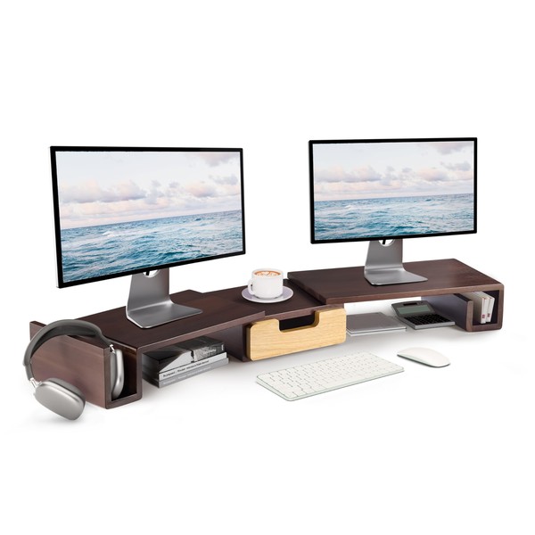 BLUEWEST Natural Wooden Dual Monitor Stand Riser with Drawer, 40.4''