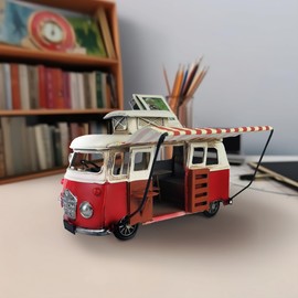 VANLAXY Classical Campervan Car Model Handmde Metal Camper Van Bus Retro Vintage Iron with Top Photo Frame Home Decoration Red