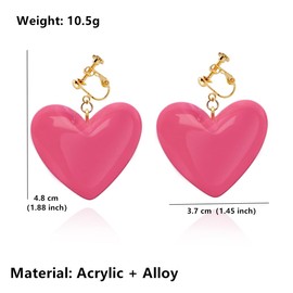 Pink Clip On Earrings for Women Love Heart Non Pierced Dangle Earrings, Zinc, No Gemstone