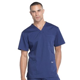 Cherokee Scrub Set for Men from, 4 Pocket V-Neck Scrub Top WW695 with 5 Pocket Tapered Leg Fly Front Cargo Pant WW190, Navy- 4XL Top / 4XL Pant