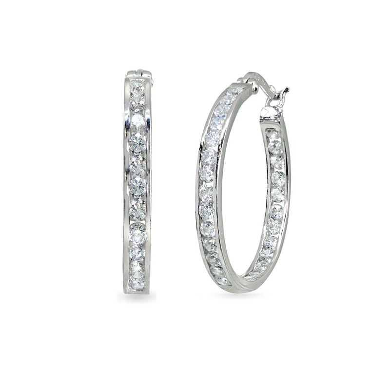 Sterling Silver 3x25mm Channel-Set Inside Out Cubic Zirconia Round Hoop