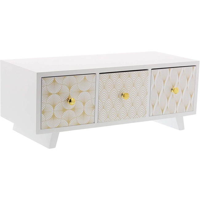 Deco 79 85265 Lattice-Patterned 3-Drawer Wooden Jewelry Chest, 6" x 13", White/Gold