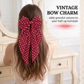 YAVRIX Pack of 3 Hair Bows Girls Women Large Satin Hair Bow with Long Band Retro Polka Dots Hair Clip Bow, Vintage Hair Accessories Set in Black Red White