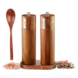 GENIEX KING Acacia Salt Pepper Wood Grinders, Wooden Salt and Pepper Grinder Set, Refillable and Adjustable, 8" Tall Manual Salt Pepper Grinder Mill 2pcs, Cool House Warming Gift and Home Gifts