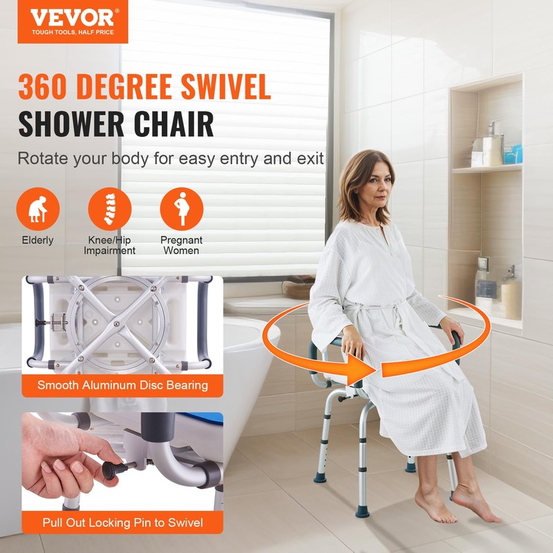 VEVOR Swivel Shower Chair 360 Degree, Adjustable Shower Seat with