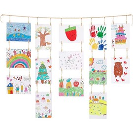 KLOGTSIND Kids Art Display Wall Decor, Wooden Beads Garland Frame Holder with 34 Clips for kids artwork, Photo, Wall Hanging Boho Room Bedroom Decor