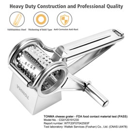 TONMA Multipurpose Rotary Cheese Grater with 1 Stainless Steel Handheld Drums for Parmesan, Mozzerella, Vegetables and More, Ergonomic Design