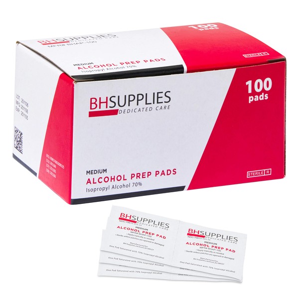 BH Supplies Alcohol Prep Pads | Medical Grade, Sterile, Individually Wrapped, 70% Isopropyl Alcohol, Medium 2-Ply, 100-Pack