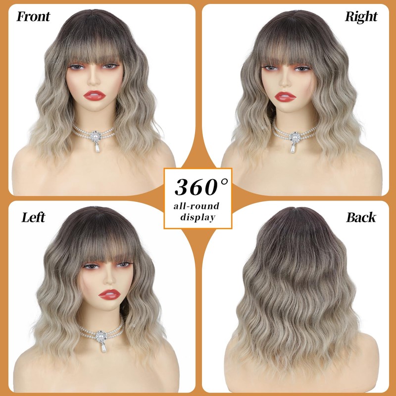 Ombre Dirty Blonde Wig With Bangs for Women Short Bob