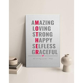Mothers Day Canvas Wall Art - Mother, Amazing Loving Strong Happy Selfless Graceful - All of My Love Mac - Mothers Day Canvas with Kids Names Mac - Family Canvas for Mom 8x12 Inch