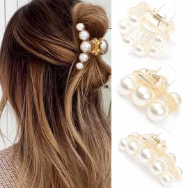 BARTOSI Pearl Hair Claw Clips Medium Hair Claw Clamps Small No Slip Claw Clips Styling Hair Accessories for Women and Girls (Pack of 3)