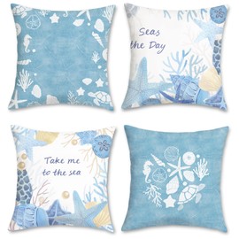 COZZSNUGE Summer Coastal Cushion Covers Starfish Seashell Conch Coral Blue Velvety Decorative Pillowcases for Sofa Bed Home Patio 45 x 45 cm Set of 4