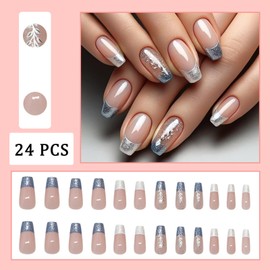 Blue French Tip Press on Nails Medium Square Shaped Fake Nails with Silver Leaves Glitter Designs False Nails Nude Spring Sparkly Artificial Nails Cute Stick on Nails for Women Daily Wear 24Pcs