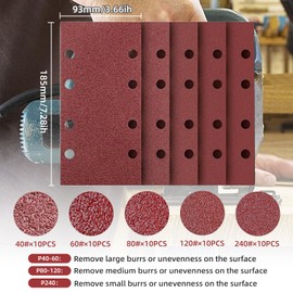 50 Stück 93 x 185mm Schleifpapier Set, 40/60/80/120/240 Körnung 8 Löcher Rechteckschleifer Zubehör mit Klettverschluss Multischleifer Schwingschleifer Sander Sandpapier für Holz Metall und Farbe