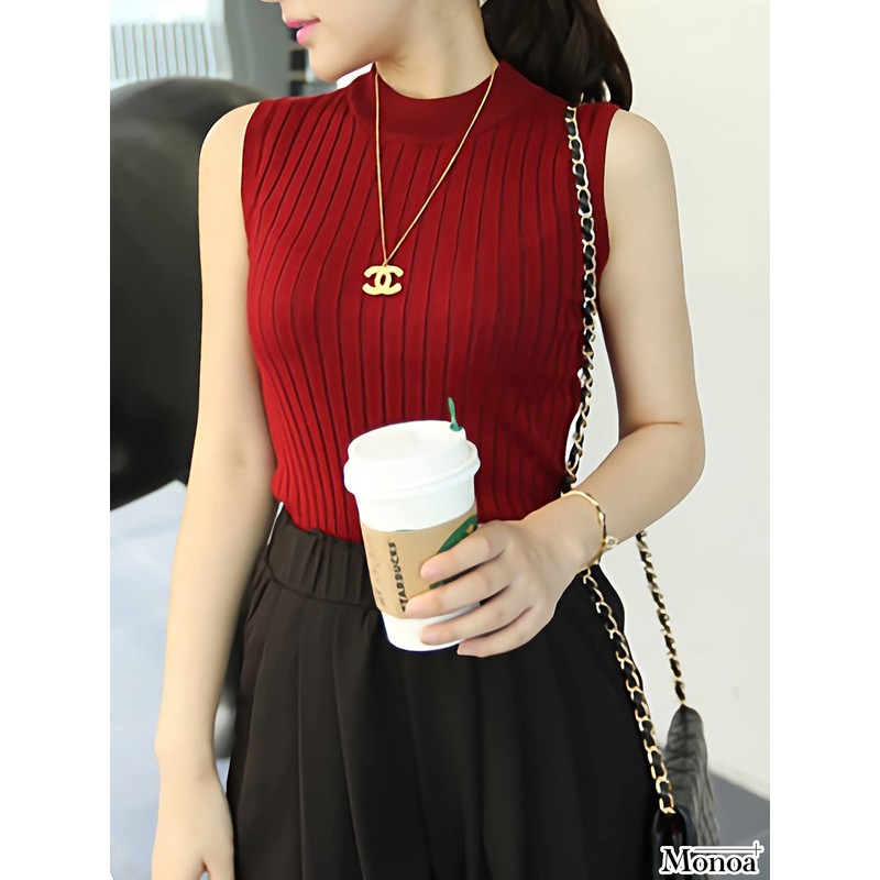 Monoa Women's Sweater, Elegant, Beautiful Lines, Sleeveless, High Neck, Knit,