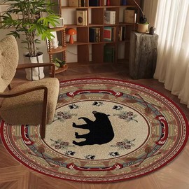 Soyalie Village Cabin Bear Round Area Rug for Dining Room Low Profile Amercian Rustic Native Area Rugs Office Decor Bear Empire Carpet 5ft